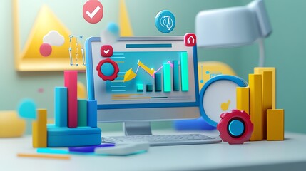 Poster - 3D illustration of a computer monitor displaying a graph with a colorful data visualization surrounding it.