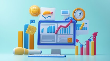 Poster - 3D illustration of a computer monitor with business icons and charts on a blue background.