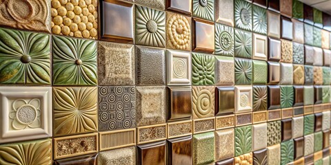 Poster - Textured Tile Wall Featuring Glossy and Matte Finishes in Earthy Tones with Subtle Patterns Captured in a Documentary Photography Style