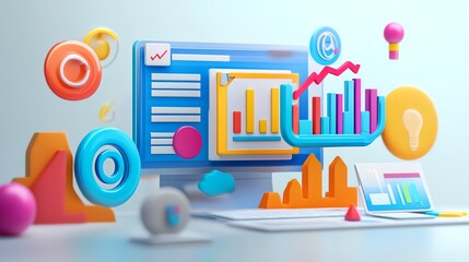 Poster - A 3D rendering of a computer screen with a graph showing growth and various colorful data visualization icons.