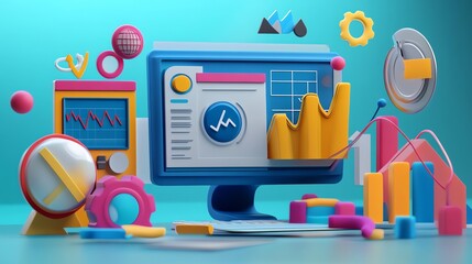 Poster - 3D illustration of a computer monitor displaying a graph with a colorful data visualization surrounding it.