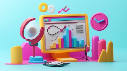 Poster - A 3D rendering of a computer screen with a graph showing growth and various colorful data visualization icons.