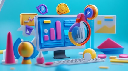Poster - 3D illustration of a computer monitor displaying a graph with a colorful data visualization surrounding it.