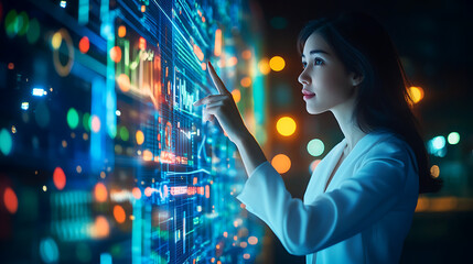 a businesswoman discussing project progress with her team, using a digital display to highlight key 