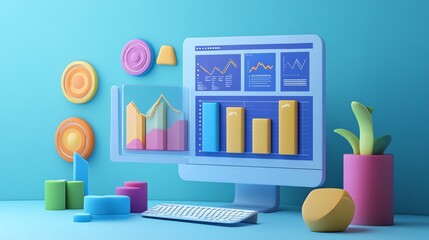 Poster - 3D illustration of a computer monitor displaying a graph with a colorful data visualization surrounding it.