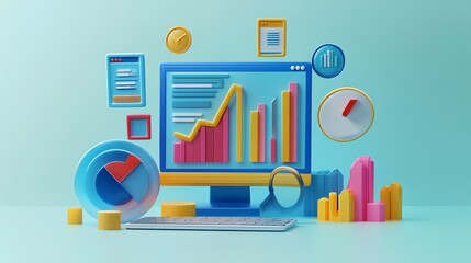 Poster - A 3D rendering of a computer screen with a graph showing growth and various colorful data visualization icons.