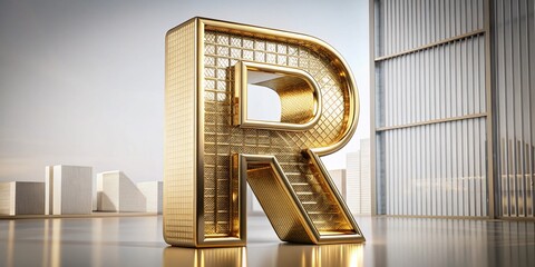 Poster - Unique 3D Golden Letter R Art for Urban Exploration Photography, Isolated on White Background, Dynamic and Eye-Catching Design Perfect for Modern Decor or Branding Uses
