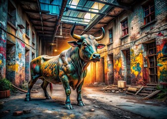 Poster - Urban Exploration Photography: A Captivating Bull Figure Illustration Amidst Abandoned Cityscapes and Graffiti Walls, Showcasing Artistic Expression and the Beauty of Decay in Urban Environments