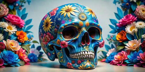 Poster - Urban Exploration Photography Featuring a Blue Skull with Intricate Floral Pattern on a Crisp White Background Made Using Advanced Generative AI Tools for Artistic Visuals