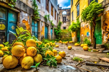 Poster - Urban Exploration Photography Featuring Vibrant Lemon Elements in Abandoned Cityscapes with Freshness and Colorful Contrasts for Artistic Inspiration