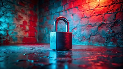Poster - Urban Security Glow: A Striking 3D Blue Padlock Abstract Illuminating Textured Crimson and Aquamarine Background in Low Light Photography for Modern Art Enthusiasts
