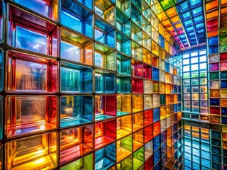 Poster - Vibrant Array of Colorful Glass Blocks Forming an Abstract Architectural Design, Showcasing Light Interplay and Depth in a Contemporary Space