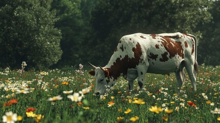 Poster - A cow is grazing in a field of flowers
