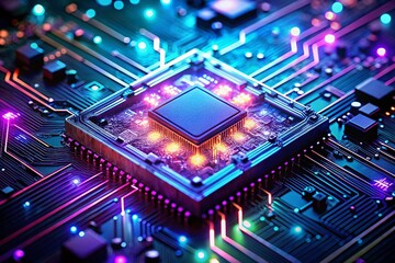 Poster - Vibrant Computer Circuit with Colorful Microchip Glowing in Neon Purple and Blue Lights Showcasing Generative AI Technology and Modern Digital Aesthetics