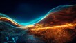 © MRSUTIN - Luminous orange and teal waves of light and particles flow across a dark background, creating a dynamic abstract digital landscape.