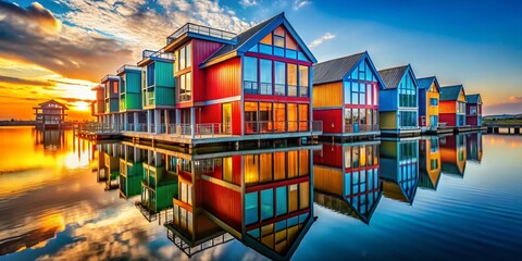 Poster - Vibrant Floating Structures Bathed in Sunlight Create a Playful Architectural Wonder, Showcasing Innovative Design and Colorful Harmony in a Captivating Urban Landscape