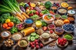 © prapatsorn - Vibrant Long Exposure of Healthy Breakfast, Lunch, and Dinner Spread Featuring Fresh Fruits, Vegetables, Whole Grains, and Nutrient-Rich Ingredients for a Balanced Diet