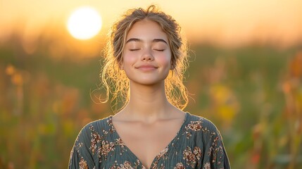 Wall Mural - The woman stands gracefully in the field, her eyes closed as she basks in the warm embrace of the setting sun