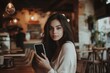 © gankevstock - Confident woman with phone in cozy cafe setting