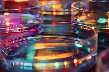 Poster - Laboratory glassware reflecting vibrant lights, creating an abstract and colorful background related to medical research and scientific discovery