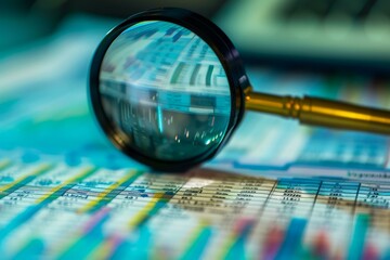 Poster - Magnifying glass is analyzing financial charts, highlighting the importance of research in making informed investment decisions