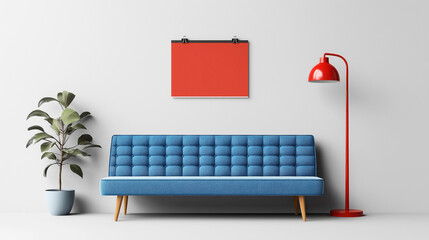 Sticker - Minimalist interior design with blue sofa, red floor lamp, potted plant, and blank red poster on white wall.