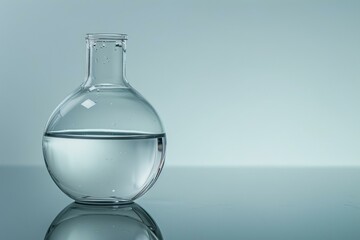 Poster - Glass laboratory flask with a narrow neck filled with liquid is standing on a reflective surface