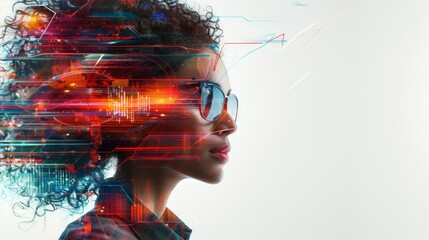 Poster - A woman with curly hair wears sunglasses, with red and blue lights and digital imagery overlaying her profile.
