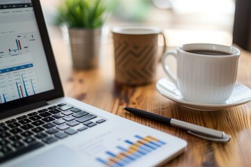 Poster - Laptop on wooden desk showing financial charts with a cup of coffee and a pen