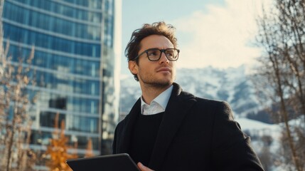 Wall Mural - A man wearing glasses and a black coat is holding a tablet in his hand