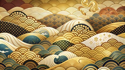 Poster - Vintage Japanese Background with Abstract Art Wave Decoration and Geometric Pattern Featuring Elegant Gold Textures for Timeless Design Projects