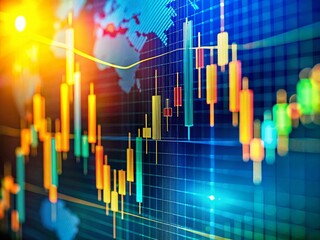 Poster - Vintage Style Macro Shot of Stock Market Candlestick Chart with Blue and Yellow Gradient Background Highlighting Market Volatility for Financial Analysis and Trends