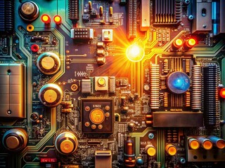 Poster - Vintage Style Photography of a Detailed Electronic Circuit Board, Showcasing the Intricate Fusion of Technology and Computer Science in a Retro Aesthetic