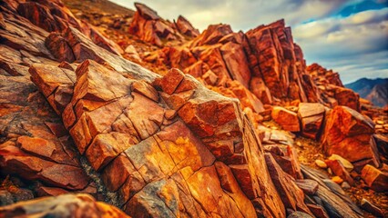 Poster - Vintage Style Photography of a Rough Mountain Surface Featuring a Seamless Red, Orange, and Brown Rock Texture with Cracks, Ideal for Nature and Design Backgrounds