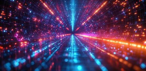 Poster - A futuristic digital tech stage with a horizontal screen and game graphics interface artwork depicts a product layout and showcase.