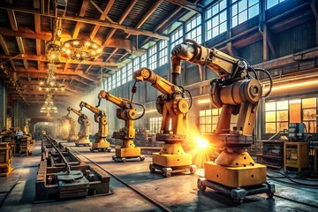 Poster - Vintage Style Photography of Industrial Robots Performing Test Runs on New Programs in a Modern Manufacturing Facility with Retro Aesthetic and Dramatic Lighting