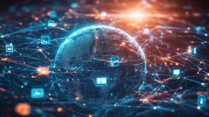 Poster - A digital representation of the earth surrounded by a network of devices connected by lines and symbols for IoT and blockchain technology