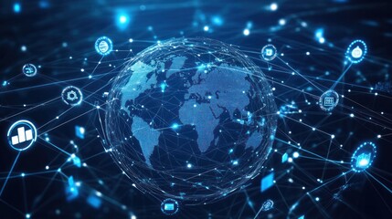Poster - A digital representation of the earth surrounded by a network of devices connected by lines and symbols for IoT and blockchain technology