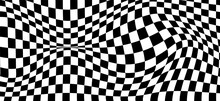 Wavy checkerboard background visual illusion distortion. Chess board. Vector illustration.