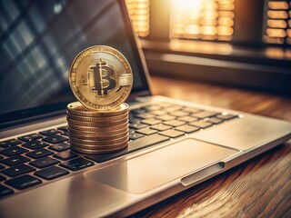 Poster - Vintage Style Photography of Stacked Bitcoin Coins on a Laptop, Representing Cryptocurrency Investment with a Retro Aesthetic and Warm Tones for Financial Growth Concepts