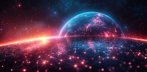 Poster - Illustration of future technology in digital communication with glowing globes and waves. Economic theory of digital communication.