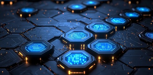 Poster - Animated digital technology background with hexagonal network as well as glowing point and circuit curves.