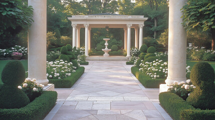 Poster - Formal Garden Path Lined with Marble Columns and Topiary