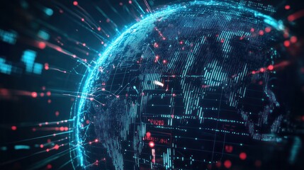 Poster - A futuristic globe composed of interconnected lines and nodes representing global connectivity,