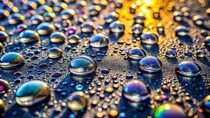 Poster - Water Droplets on Gray Asphalt: A Stunning Close-Up of Nature's Beauty Captured in High Depth of Field, Showcasing the Intricate Details of Water on a Textured Surface
