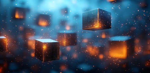 Poster - Futuristic neon blocks decorated on a horizontal grid for game graphics and advertising artwork. Conceptual illustration of future communication techniques.