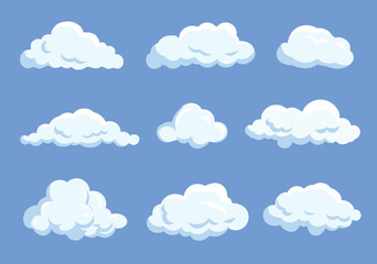 Poster - A collection of various fluffy clouds on a blue background, showcasing different shapes and sizes. Vector illustration