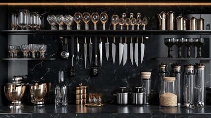 Wall Mural - Elegant Modern Kitchen Design Featuring Black Marble Countertop and Sophisticated Display of Glassware, Cutlery, and Kitchen Tools in Contemporary Style