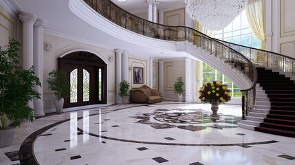 Poster - Crystal Chandelier in a Foyer with Marble Floors and Staircase