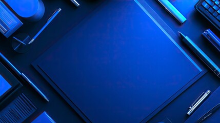 Blue background with a white frame and office elements, featuring clipboards and pens. The screen is empty for writing or displaying images. with generative ai